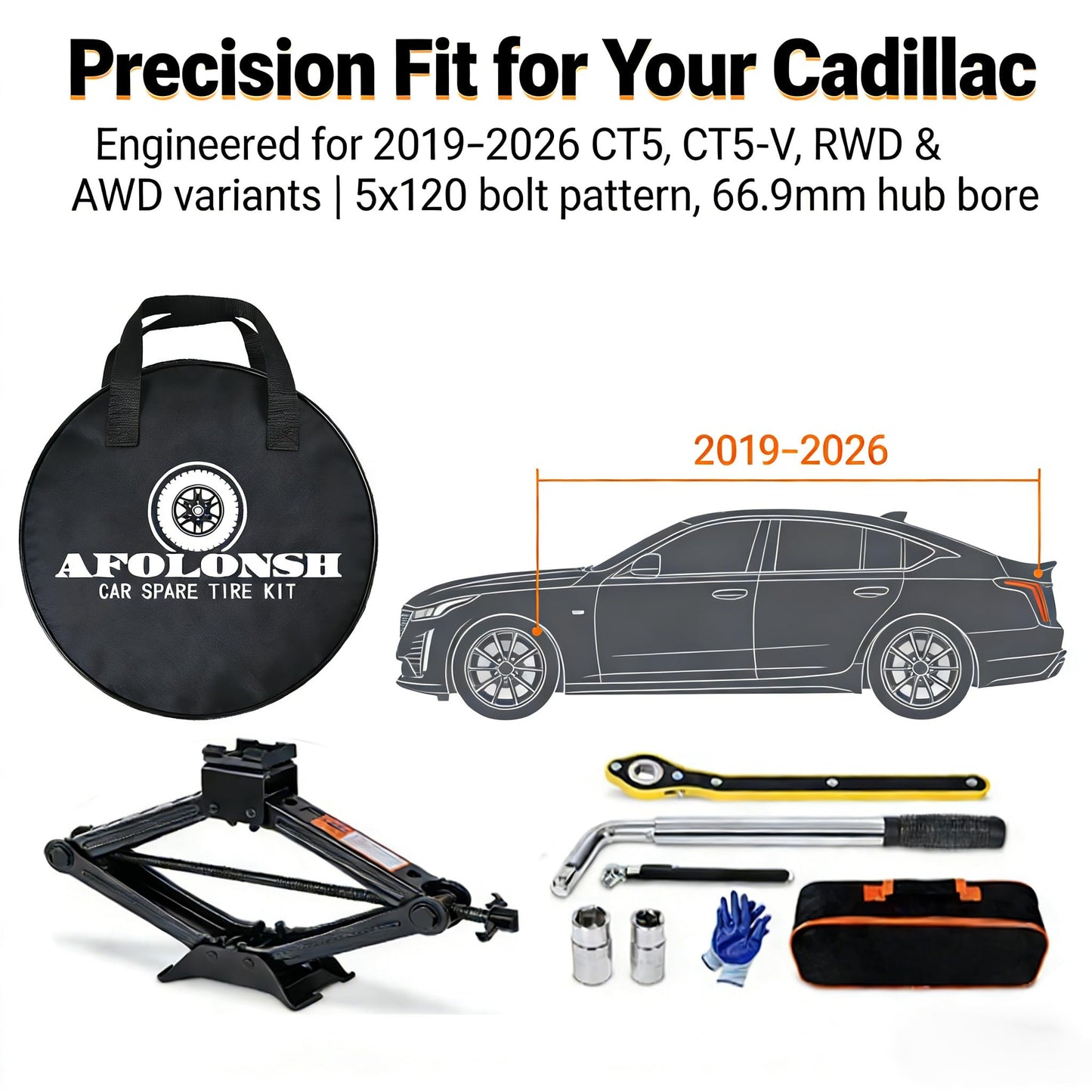 Afolonsh Spare Tire Kit Compatible with 2019-2026 Cadillac CT5 And CT5-V | 135/80R18 Spare Wheel on 18x4 Rim | 5x120 Bolt Pattern | 26.5" Rolling Diameter | Includes Car Jack Kit & Tire Carrying Case