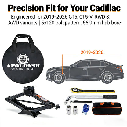 Afolonsh Spare Tire Kit Compatible with 2019-2026 Cadillac CT5 And CT5-V | 135/80R18 Spare Wheel on 18x4 Rim | 5x120 Bolt Pattern | 26.5" Rolling Diameter | Includes Car Jack Kit & Tire Carrying Case