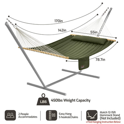 CHULIM Double Quilted Fabric Hammock with Hardwood Spreader Bars and Pillow 450 LBS Capacity 2 Person Large Hammock for Outdoor Patio Backyard Poolside - Green