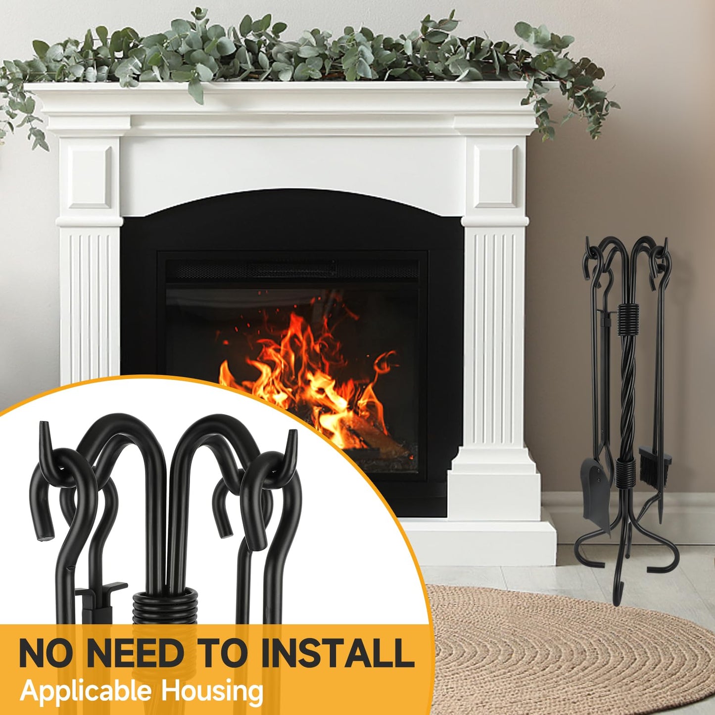 Nouetele 5-Piece Fireplace Tools Set Wrought Iron - NO Assembly - Heavy Duty 32" Solid Steel Fire Poker Set for Outdoor Fire Pit & Wood Stove - Fire Place Set with Tongs, Shovel, Brush, Stand