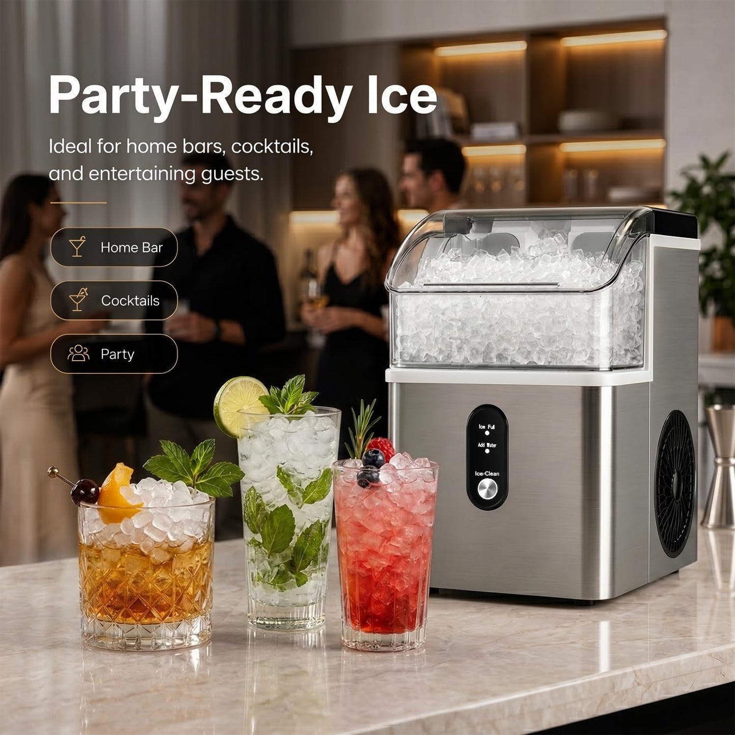Kismile Nugget Ice Maker Countertop,33Lbs/24H Ice Machine with Chewable Ice,Self-Cleaning Portable Ice Maker with One-Click Operation,for Home/Kitchen/Office(Silver)