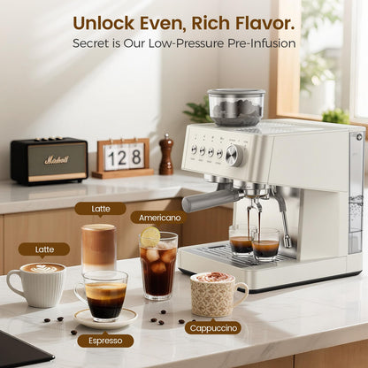 COWSAR 15-Bar Expresso Coffee Machines, Commercial Espresso Machine with Grinder, Milk Frother/Steam Wand & Tamping Tools for Cappuccino & Latte - White