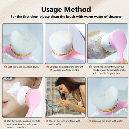 2 Pack Soft Bristle Facial Cleansing Brush for Deep Pore Cleaning, Face Exfoliating Scrub Brush for Face Cleansing Skincare Massaging (Pink and Jade White)