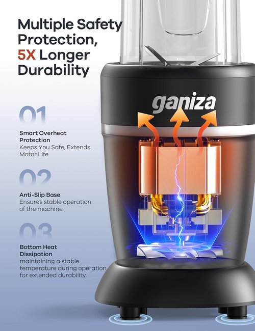 Ganiza Blender for Smoothies - 1300W Portable Ice Crushing Blender with 2 Cups (37 oz & 23 oz)