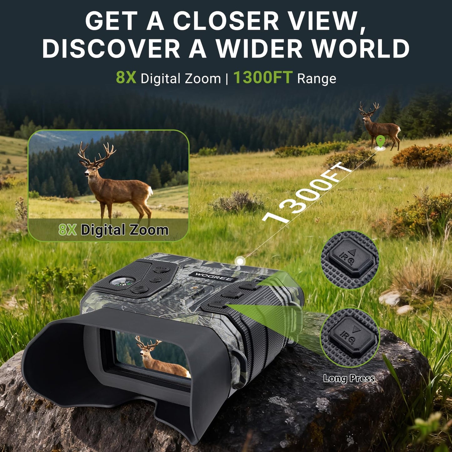 WOGREE Night Vision Goggles, 4K Night Vision Binoculars for Adults, 36MP, 1300FT Range,8X Digital Zoom, Flashlight & Compass, 5000mAh Battery, Infrared Vision, 32GB Card, for Camping & Security