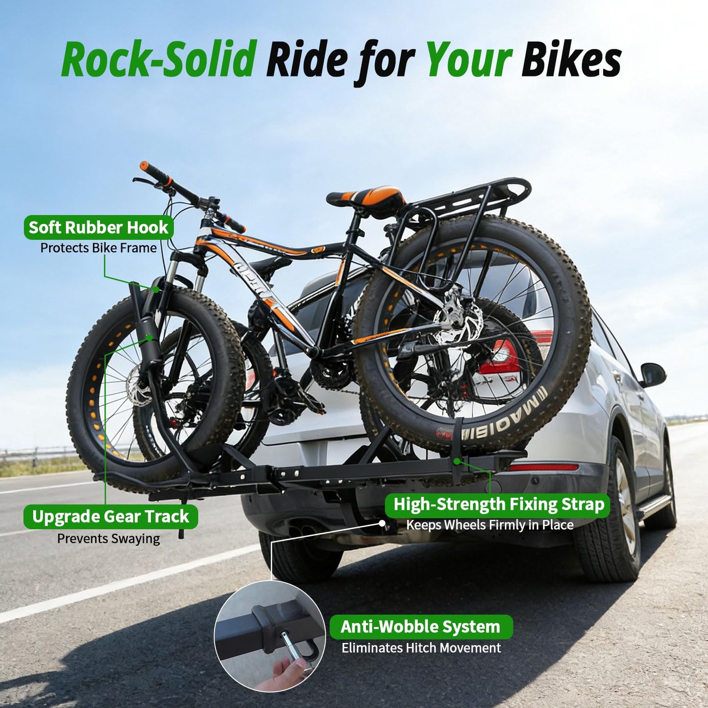 Bike Rack Hitch Mount with Ramp for 2 Bikes – Platform Ebike Rack Fits Fat Tires up to 150 lbs – Foldable & Tilt Electric Bike Rack for SUV, Truck, RV – 2 Inch Receiver