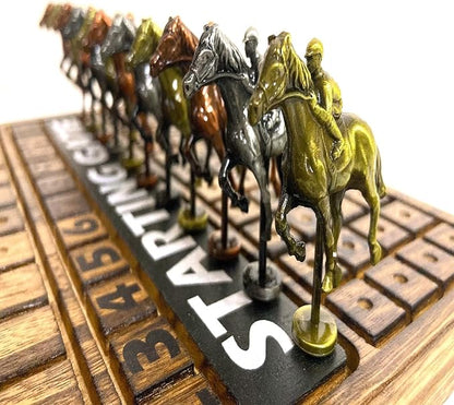 Horse Racing Game for Adults Horse Race Board Game with 11 Luxurious Antique Matt Metal Horses(Bronze Brass Silver) 19” Wood Horse Race Game Board Dice &amp Card Included (Log)