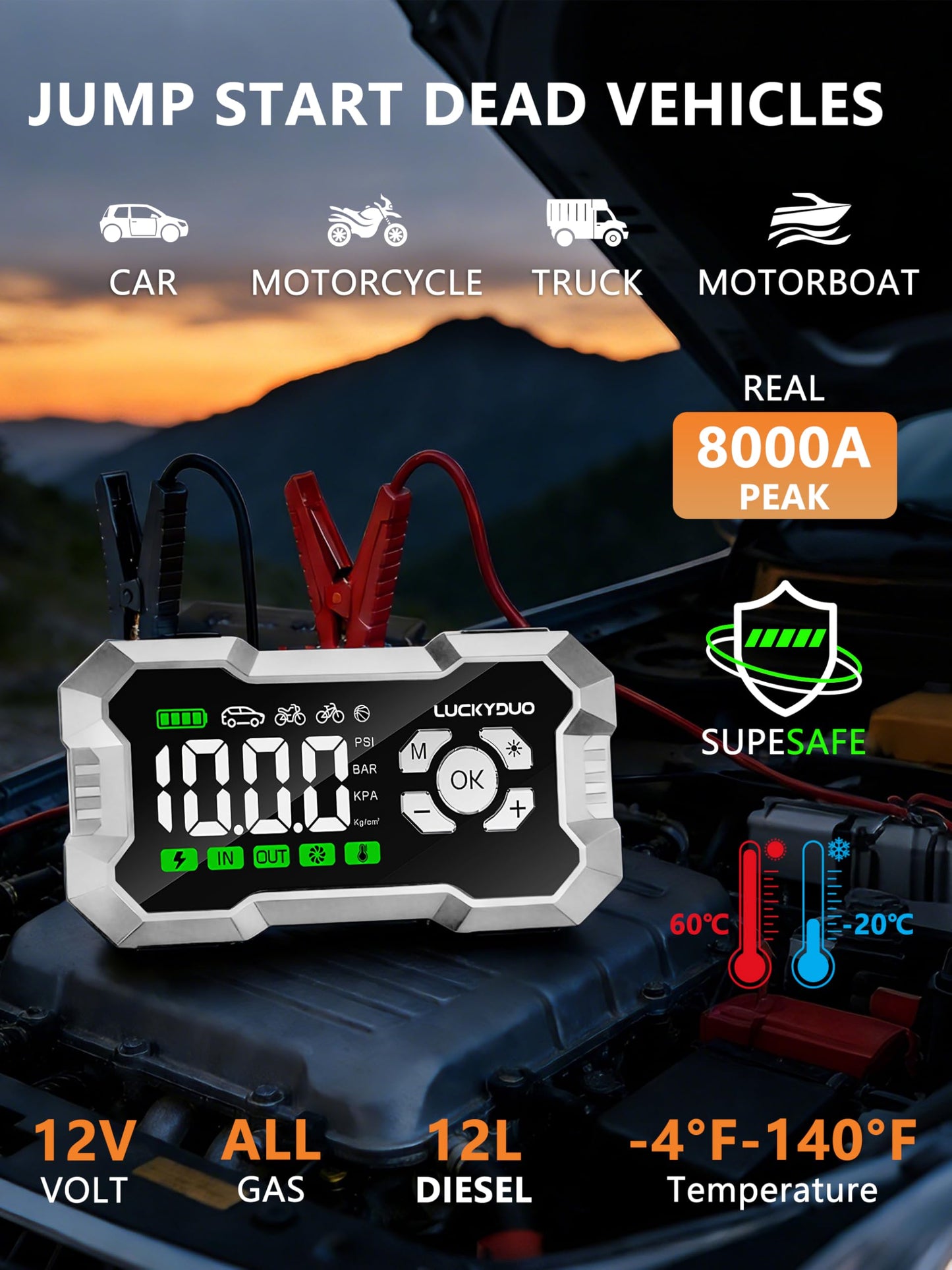 Car Battery Jump Starter - 8000A, Car Jump Starter Booster with 160PSI Compressor, Emergency Starter for All Petrol and Diesel Vehicles up to 12 litres max, Equipped with Outdoor Emergency kit