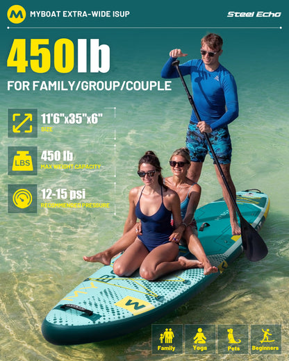 MYBOAT 11'6" Extra Wide Inflatable Paddle Board, 450LB Max Capacity Stable SUP for 2-3 People, Non-Slip Stand Up Board for Beginners & Fishing, Versatile 15 D-Rings, Dual Bungee, 3-Fin Stability