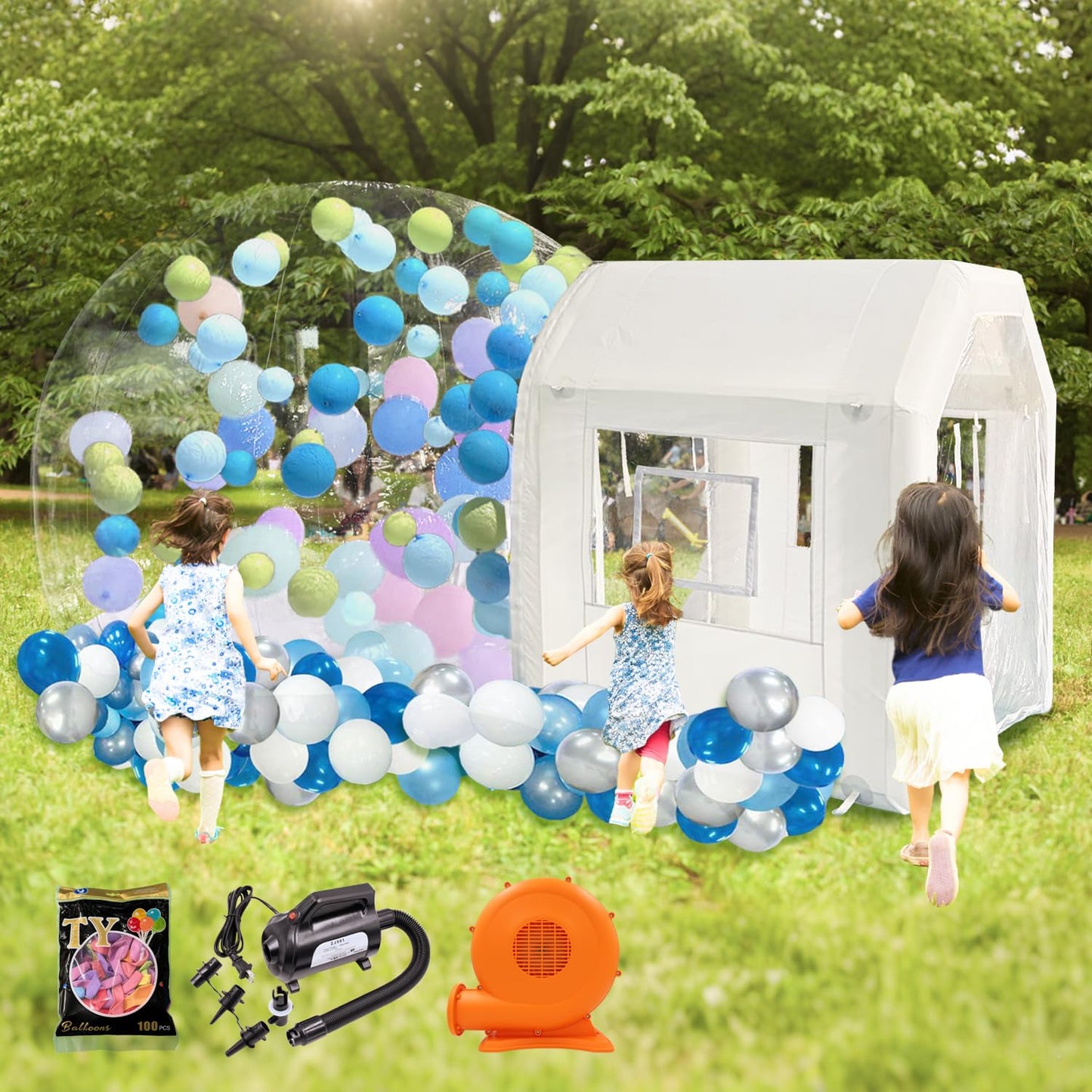 10ft Inflatable Bubble House Dome with Tunnel for Kids, Clear TPU Balloon Tent for Parties, Includes 450W Air Blower & 600W Air Pump