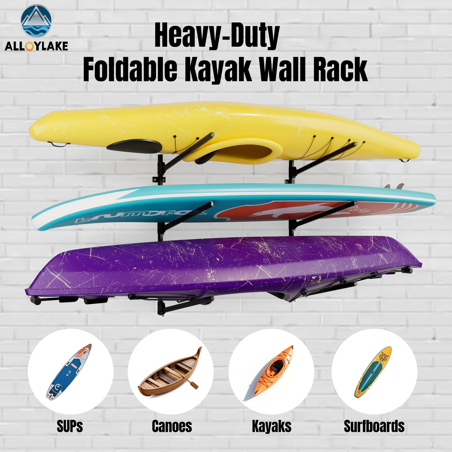 AlloyLake 3-Tier Foldable Kayak Wall Rack, 360LBS Heavy Duty Kayak Storage Rack for Garage, Rustproof 304 Stainless Steel Kayak Hanger for Indoor Outdoor, Wall Mount for SUPs, Canoes, Surfboards