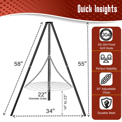FEBTECH - 55-inch Steel Tripod Campfire Grill Set - Portable BBQ Grate with Stand for Outdoor Cooking Camping Fire Pit