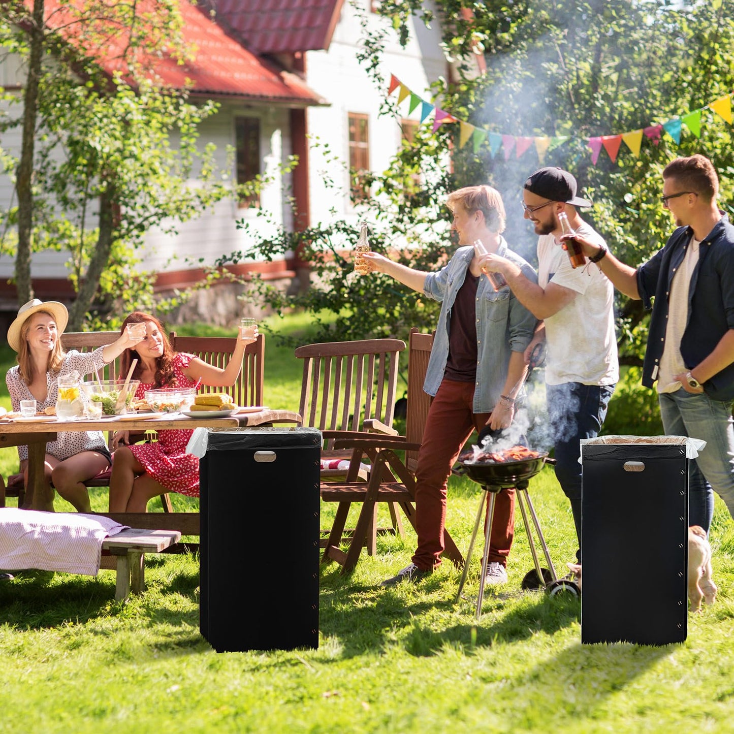 Nosiny 10 Pcs 50 Gallon Corrugated Cardboard Trash Cans for Events, Disposable and Reusable Cardboard Bin Bulk with Trash Bag, Recycling Pop-up Garbage Box, Foldable Waste Container for Party (Black)