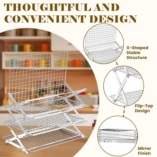 BEWOS 4 Tier Collapsible Cooling Rack - Adjustable Stainless Steel Baking Rack with Leak-Proof Mesh, X-Shaped Structure Cooling Rack for Cooking and Baking, Dishwasher Safe