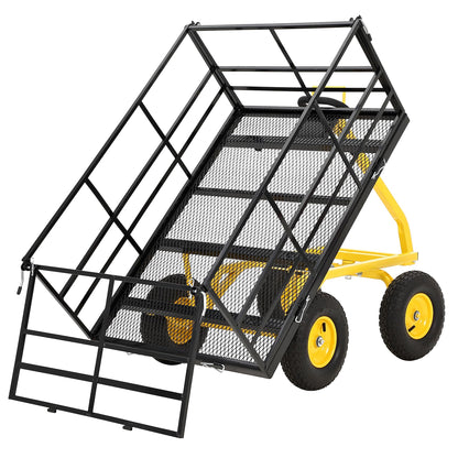 1500 lbs Steel Garden Cart, Folding Utility Wagon with Removable Sides, Garden Wagon Cart on Wheels, Dump Wagon with 13 in Tires180° and Swivel Handle, Yellow