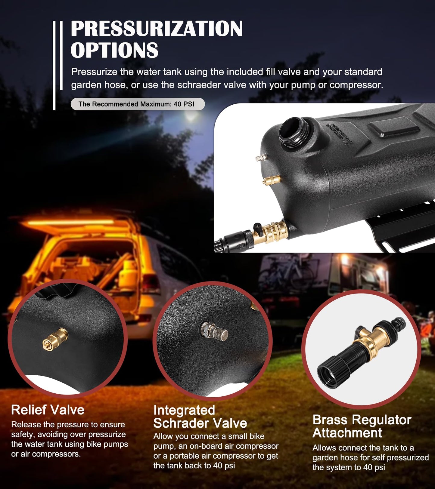 Portable 8-Gallon Pressurized Water Tank for Camping Showers, Roof-Rack Shower, Overlanding, Water Storage & Outdoor Activities Water Supply - Roof Rack Mount for Trucks & Off Road Vehicles