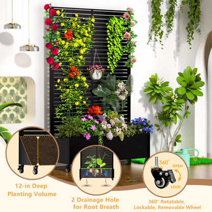 MTART Metal Planter Box with Trellis Outdoor, 72"x47"x16" Galvanized Raised Garden Bed with Privacy Screen & Drainage Holes & Lockable Casters for Climbing Plants, Vegetable, Vines (Louvered-Black1)