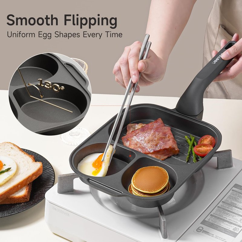 JEETEE Divided Egg Pan & Omelette Pan, 3-in-1 Breakfast Pan with Titanium Nonstick Coating, PFOA/PFOS/PTFE Free, Induction Compatible
