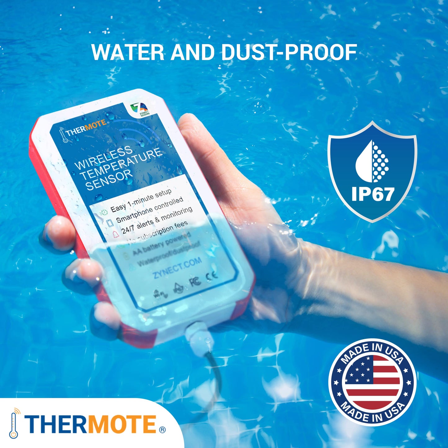 Zynect Thermote Wireless Remote Temperature Sensor. WiFi Thermometer Temperature Monitor. 24/7 Text/email alerts. Monitoring and History. Water/Dust Proof. No Subscription/Monthly Fees. Made in USA.