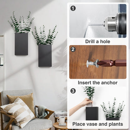 2 Pack Metal Wall Planter Vases Decor with Artificial Eucalyptus, Modern Farmhouse Rustic Hanging Pocket Planters for Indoor Greenery and Flowers, Living Room Bedroom Kitchen and Stairway Decoration