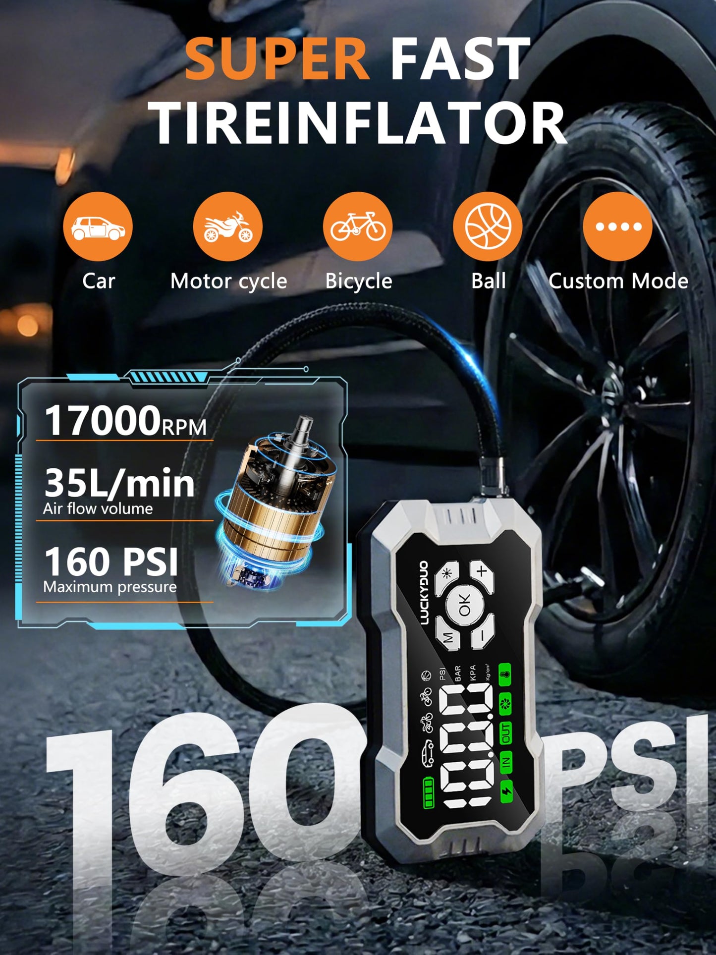 Car Battery Jump Starter - 8000A, Car Jump Starter Booster with 160PSI Compressor, Emergency Starter for All Petrol and Diesel Vehicles up to 12 litres max, Equipped with Outdoor Emergency kit