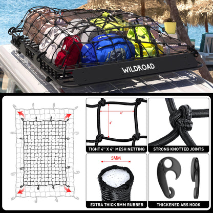 Wildroad Roof Rack Cargo Basket, Upgraded 4” Fence Wide Car Roof Basket, 64"x 50"x 4" Universal Car Top Carrier Basket with Super Duty Bungee Cargo Net and Ratchet Straps Fits for SUV Truck Cars