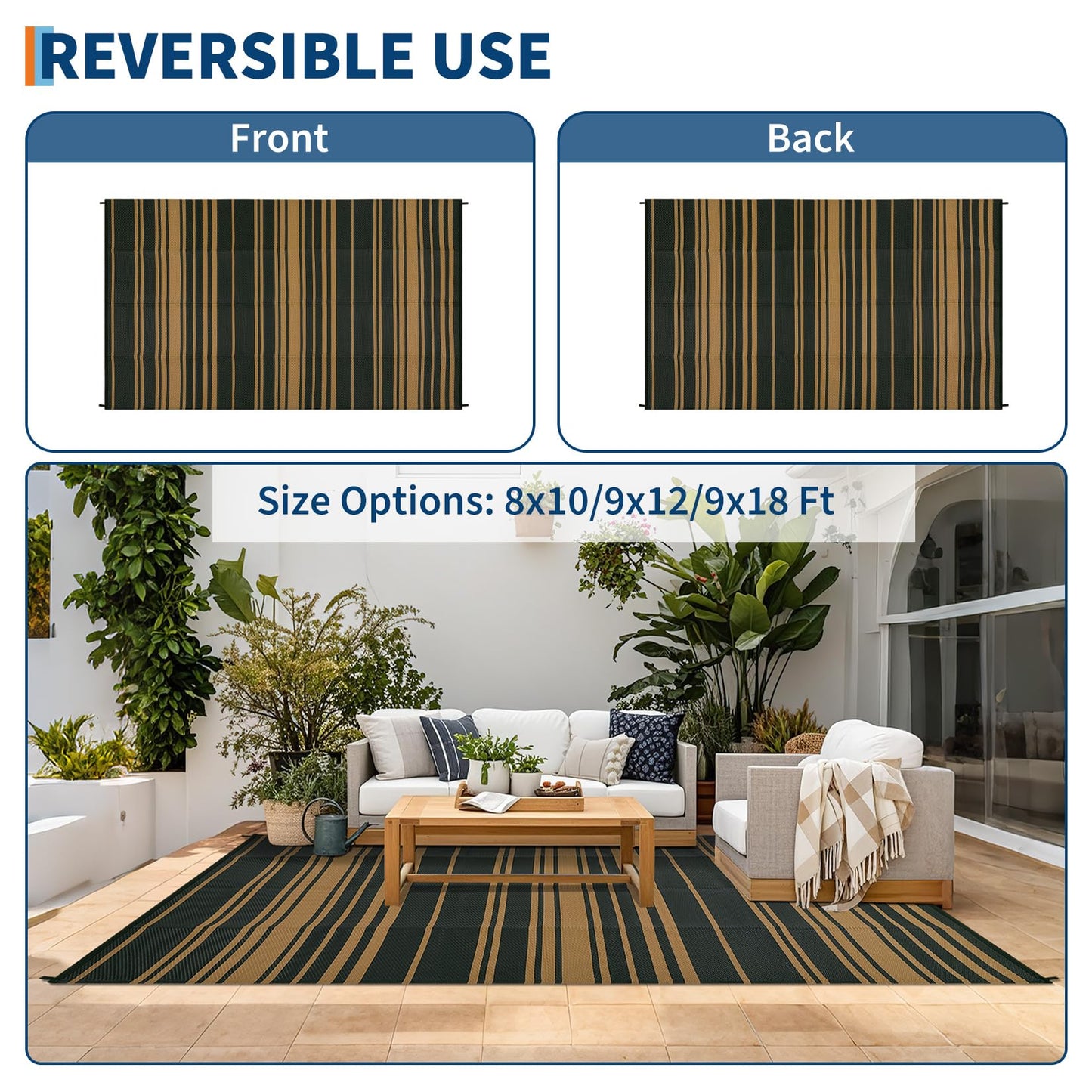 LUXLOOM Outdoor Plastic Straw Rug 9x18 Large Washable Floor Mat Modern Lines Waterproof Rug for Patio Reversible Rugs for Outdoors RV Beach Patio Camping Backyard Deck Picnic Outside Black Brown