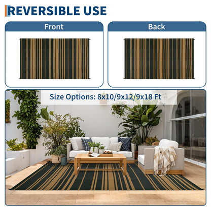 LUXLOOM Outdoor Plastic Straw Rug 9x18 Large Washable Floor Mat Modern Lines Waterproof Rug for Patio Reversible Rugs for Outdoors RV Beach Patio Camping Backyard Deck Picnic Outside Black Brown