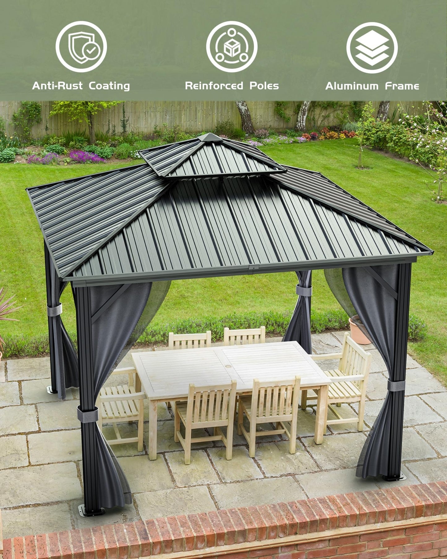 12'X12' Permanent Hardtop Gazebo, Aluminum Frame with Double Galvanized Steel Roof, Outdoor Patio Pavilion with Curtains & Netting for Backyard, Deck – Gray