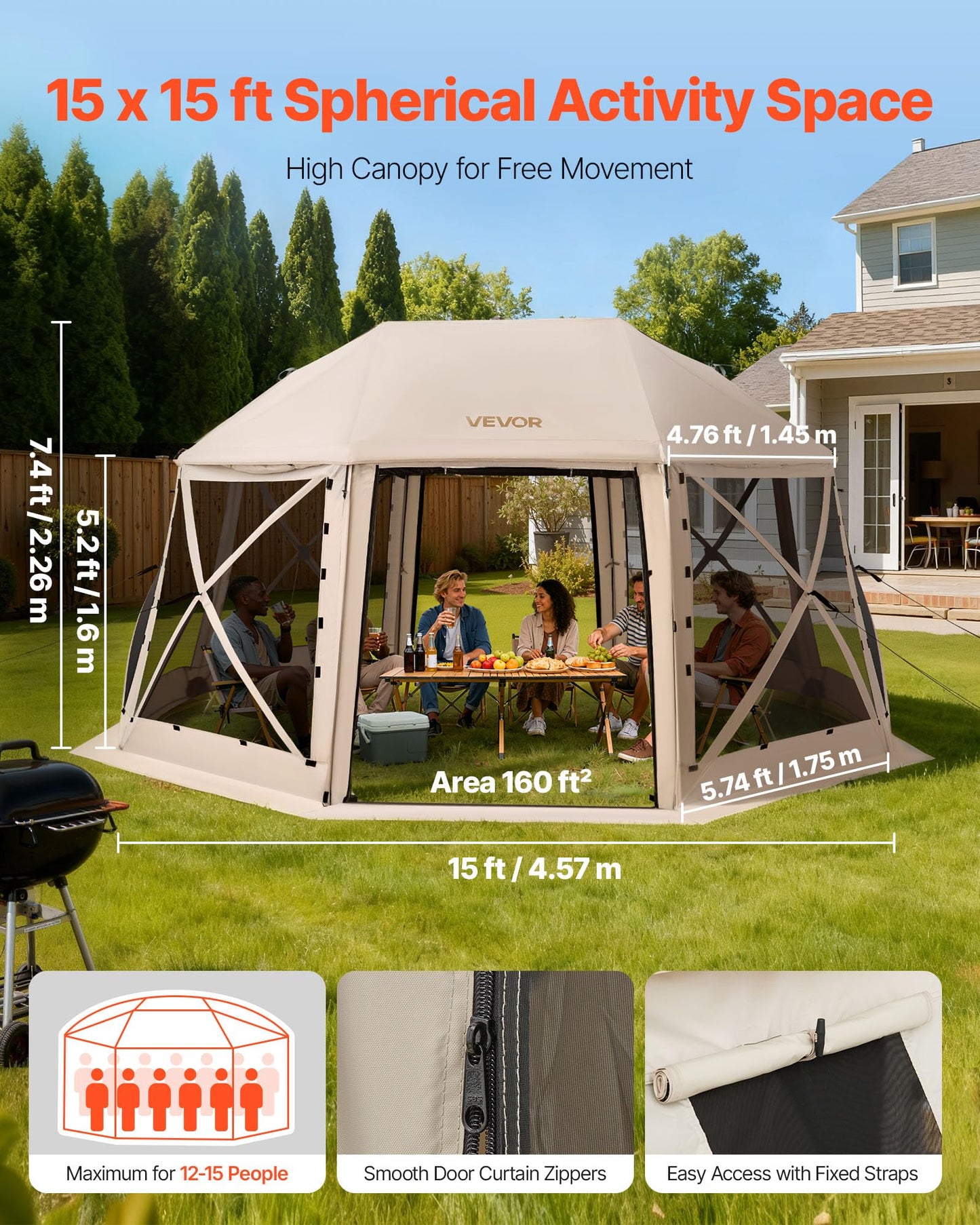 VEVOR Pop up Gazebo Screen Tent, 15 x 15 ft, 13-Sided Spherical Camping Canopy Tent with Removable Top & Carry Bag, Quick-Set & Bite-Proof, Screen House Sun Shelter for 12-15 Persons, Beige