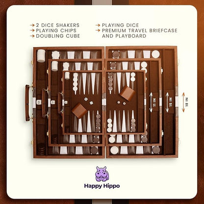 Backgammon Board Game Deluxe Leather Like Case Felt Interior Brown Classic Backgammon Game Popular Board Game Board Games (Large (18))