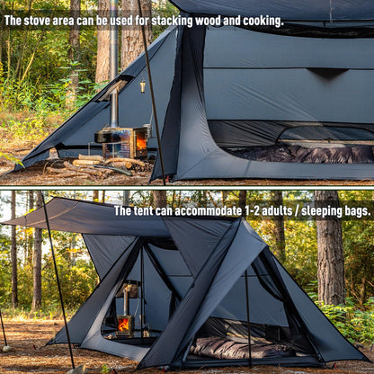 POMOLY Hot Tent Bushcraft Tent, STOVEHUT 20 Ultralight Shelter with 4 Poles for 1-2 Person Camping, Hiking, Backpacking (Blue Grey)