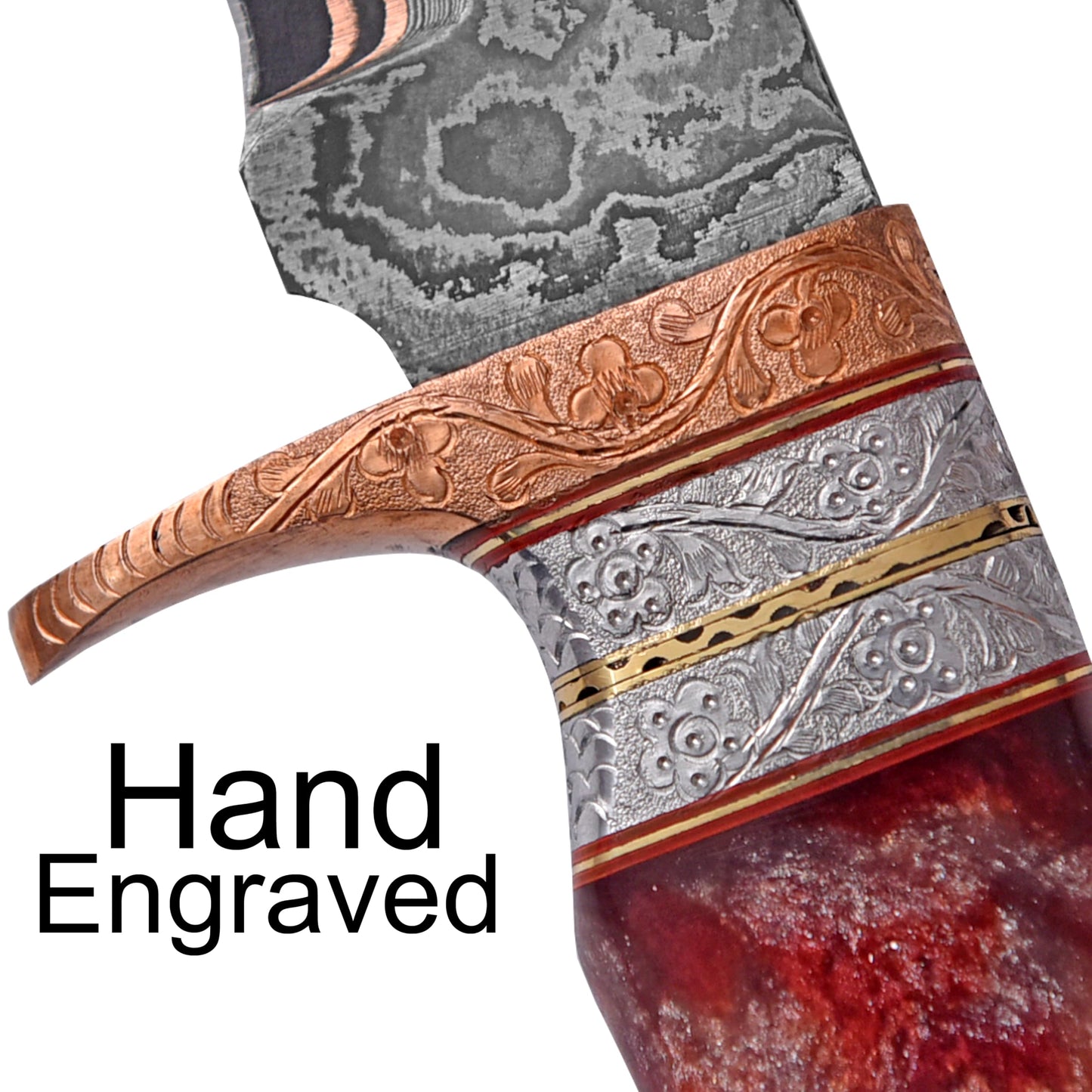 KIMPE Handmade Copper Damascus Hunting Knife – 11.5” Fixed Blade Bushcraft Knife with Engraved Guard, Resin Handle, Full Tang, Leather Sheath – Outdoor Survival, Camping & Gift Knife.