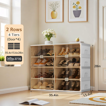 SPIEEK Foldable Shoe Rack Organizer for Entryway with Clear Magnetic Doors - Large Capacity Shoe Cabinet for Boots, Sneakers & All Shoes, Easy Assembly, White 4-Tier 16 Pairs