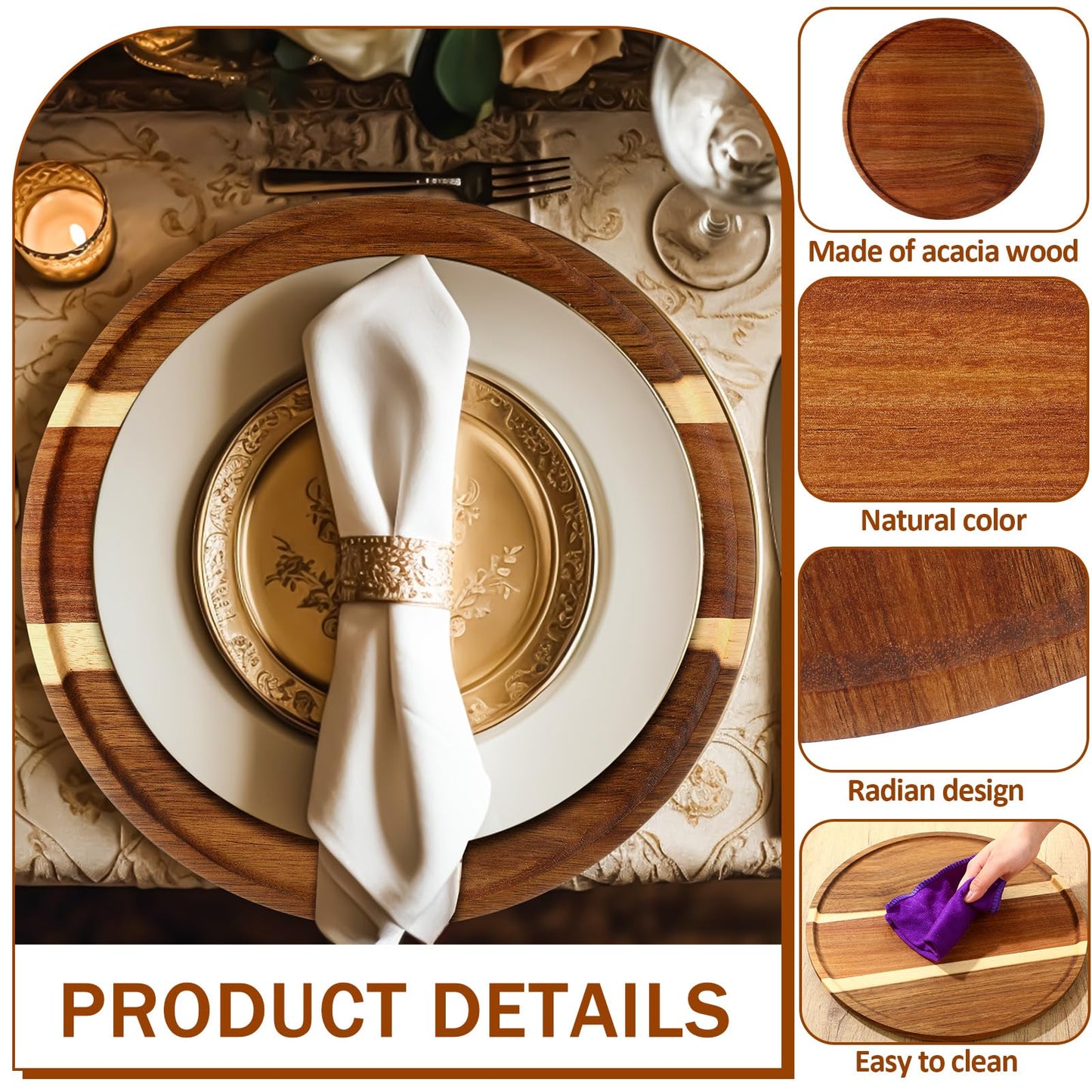 Rtteri 10 Pieces Acacia Round Wood Plates 14 x 0.6 Inch Dinner Plates Wooden Charger Platter Bulk Easy Cleaning Lightweight Serving Tray for Dishes Snack Dessert