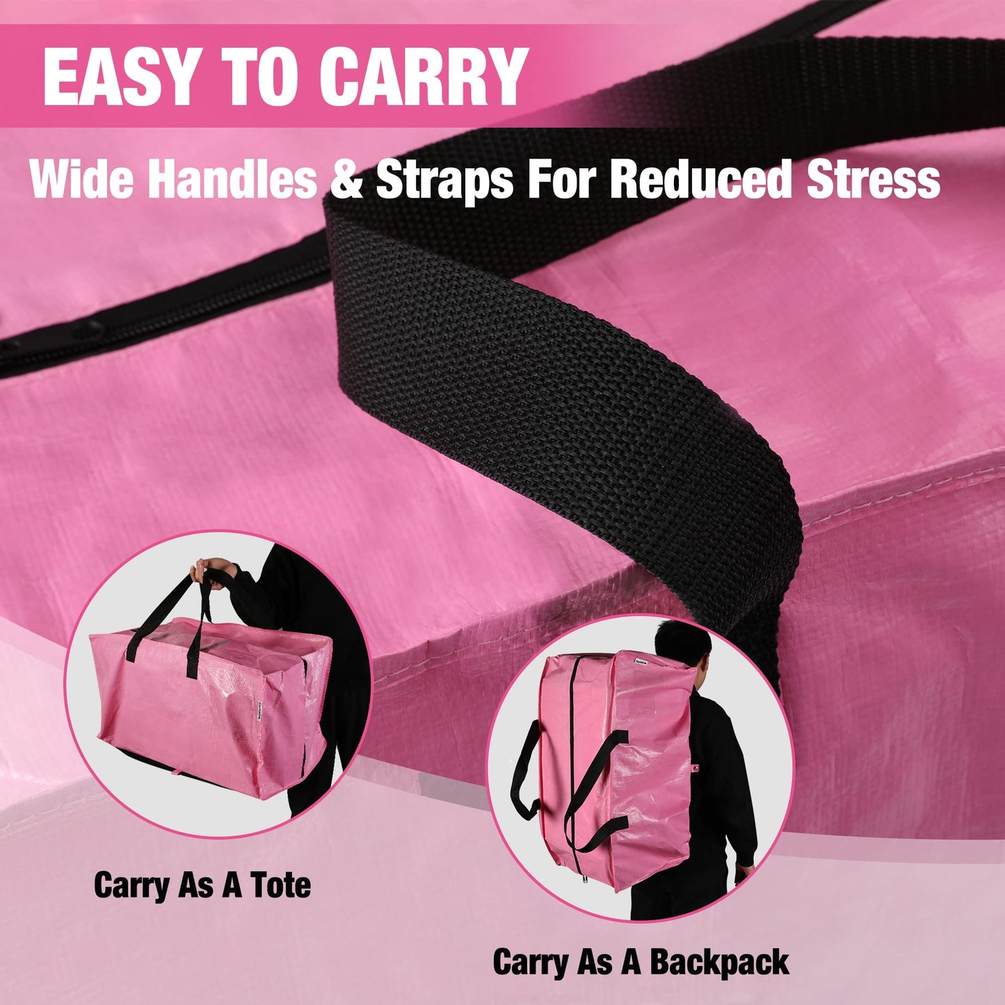WORKPRO 6 Pack Extra Large Moving Bags with Zippers & Carrying Handles Backpack Straps, Heavy-Duty Storage Tote for Space Saving Moving Storage (Pink)