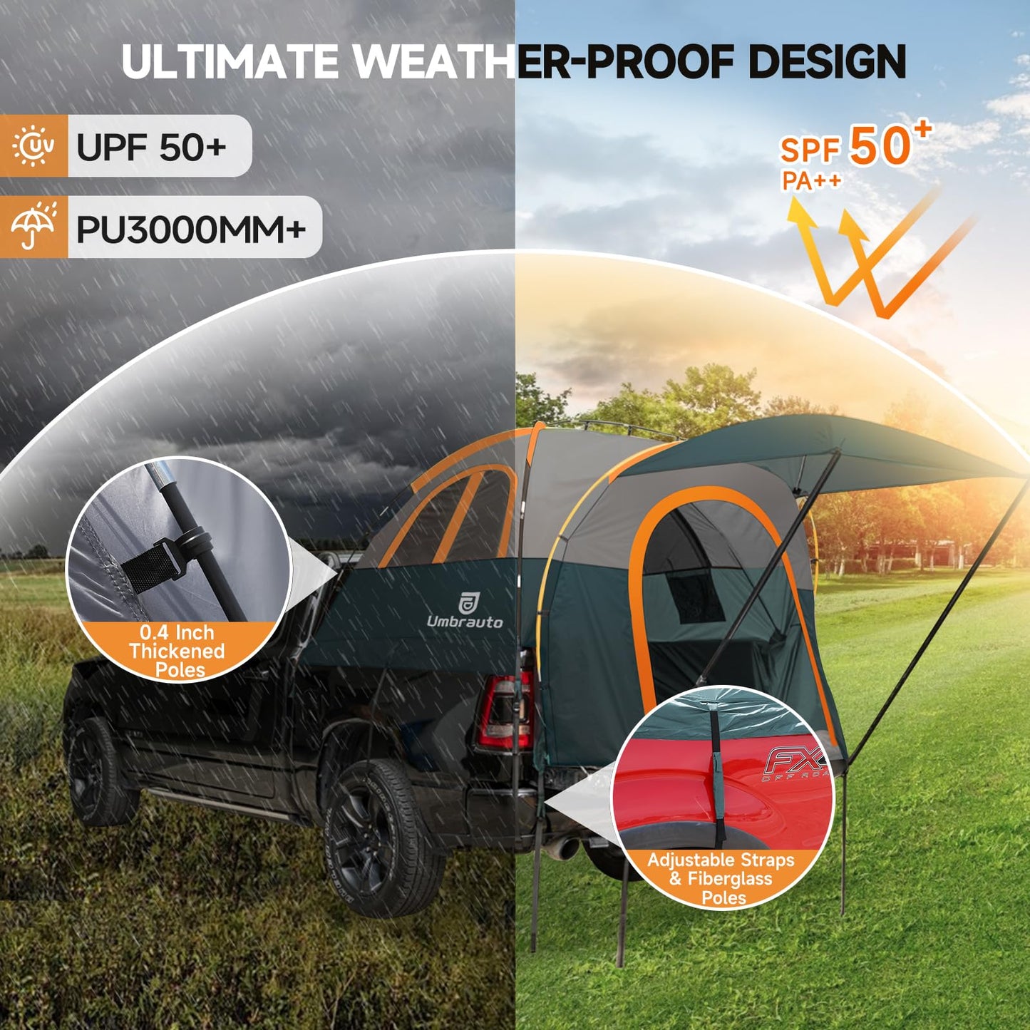 Umbrauto Truck Bed Tent with Awning: 5.5-5.8FT PU3000mm Waterproof Tailgate Pickup Truck Tents, Easy Set-up for 2 Person, Fits Full Size Short Bed, Chevy, Dodge, Ford, GMC, Green