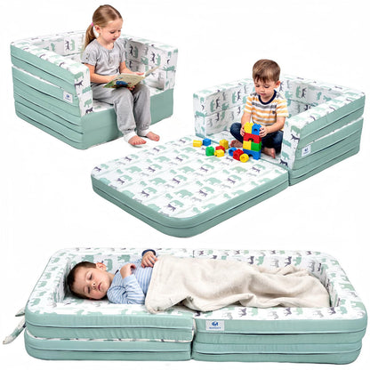 BLENNACY Toddler Travel Bed,Bunny-Shaped 3-in-1 Foldable Toddler Bed for Kids, Portable Toddler Cot with Washable Covers Soft Foam Raised Bumper for Naps,Lounger,and Little Sofa
