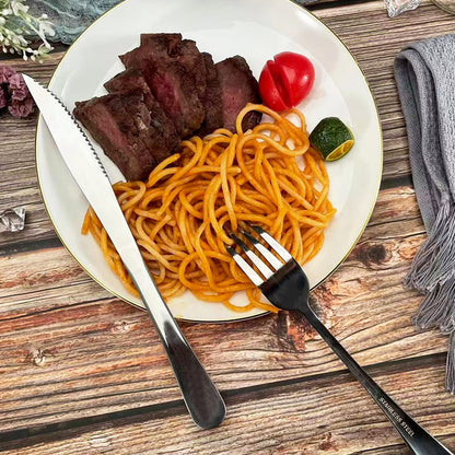SANTUO 12 Pcs Silverware Set with 6 Steak Knives and 6 Dinner Forks,Flatware Set with Top Food Grade Stainless Steel,Tableware Cutlery Set For Home Restaurant Hotel, Mirror Finish, Dishwasher Safe