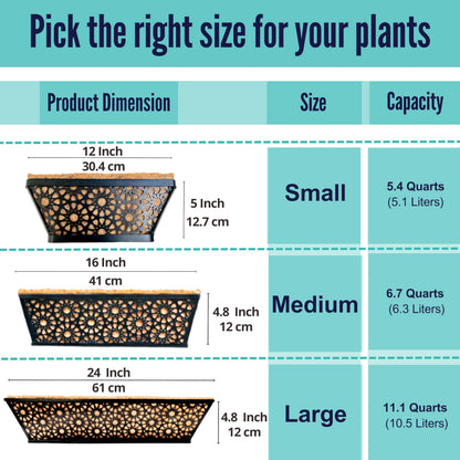 LaLaGreen Window Boxes Planters for Outdoor Plants (12 Inch, 4 Pack) Small and Cute Black Metal Fence Hanging Flower Box Basket with Coco Liner Unique Horse Troughs Balcony Garden Pot Patio Porch Rail