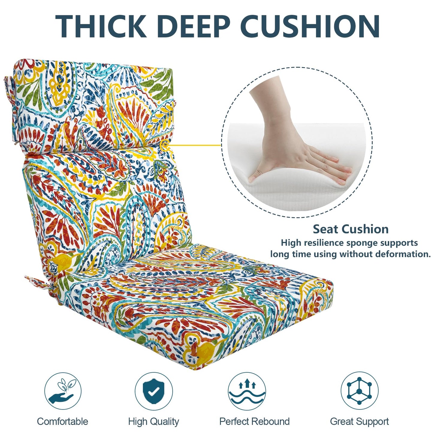 DYTXIII Outdoor High Back Chair Cushions Set of 2, 44"x22" Water Repellent Patio Seat Cushions with Elastic Sponge, All Weather Chair Pads for Rocking, Dining Chairs, Patio Furniture - Paisley Multi