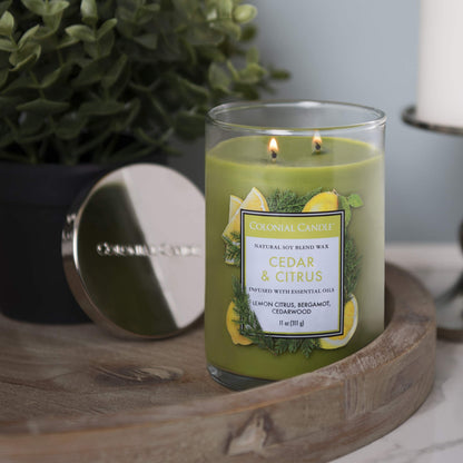 Colonial Candle Cedar & Citrus Scented Jar Candle, Classic Cylinders Collection, 2 Wick, Green, 11 oz - Up to 80 Hours Burn