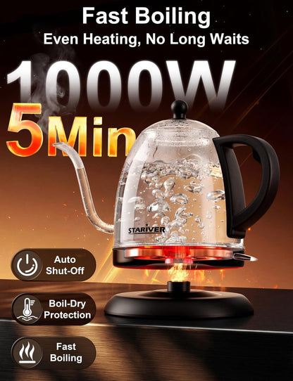 Stariver Electric Kettle Gooseneck Kettle, 1L Water Boiler, BPA-Free, Pour Over Tea Pot Stainless Steel for Coffee & Tea with Fast Heating, Auto-Shut Off and Boil-Dry Protection Tech