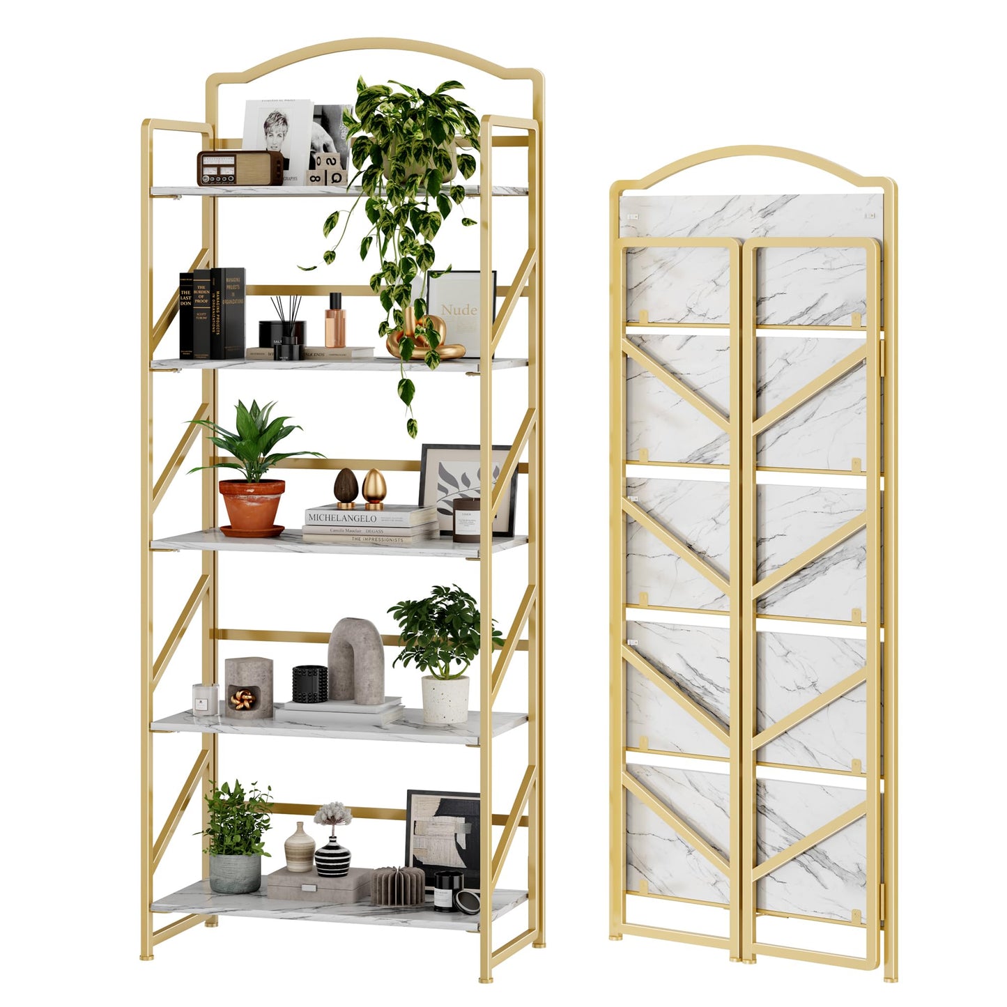 BHG No Assembly Folding Bookshelf for Living Room,Semicircle Collapsible Book Shelf for Home Office, Portable Bookcase Storage Organizer Rack Shelves