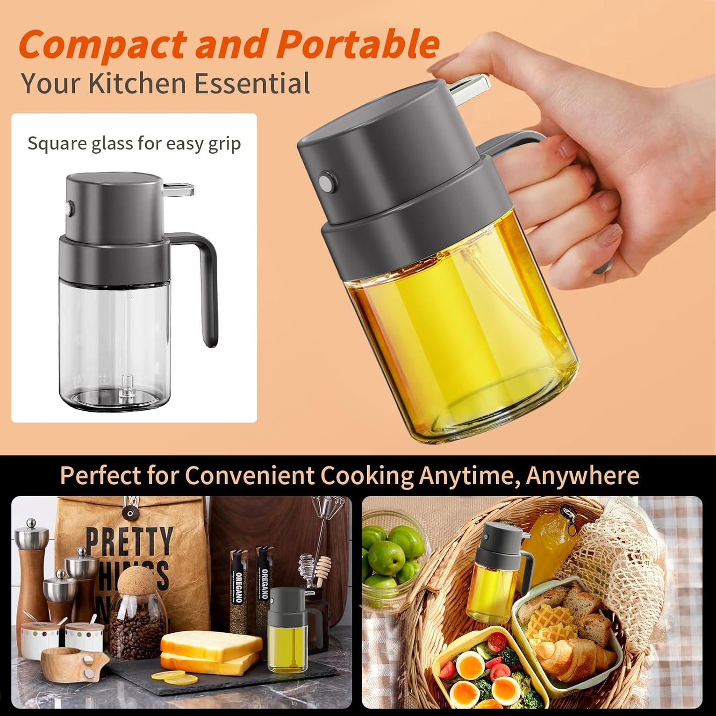 YARRAMATE Mini Oil Sprayer - 6.8 OZ Food-Grade Olive Oil Spray Bottle for Cooking | Portable Mister for BBQ & Air Fryer (Gray)