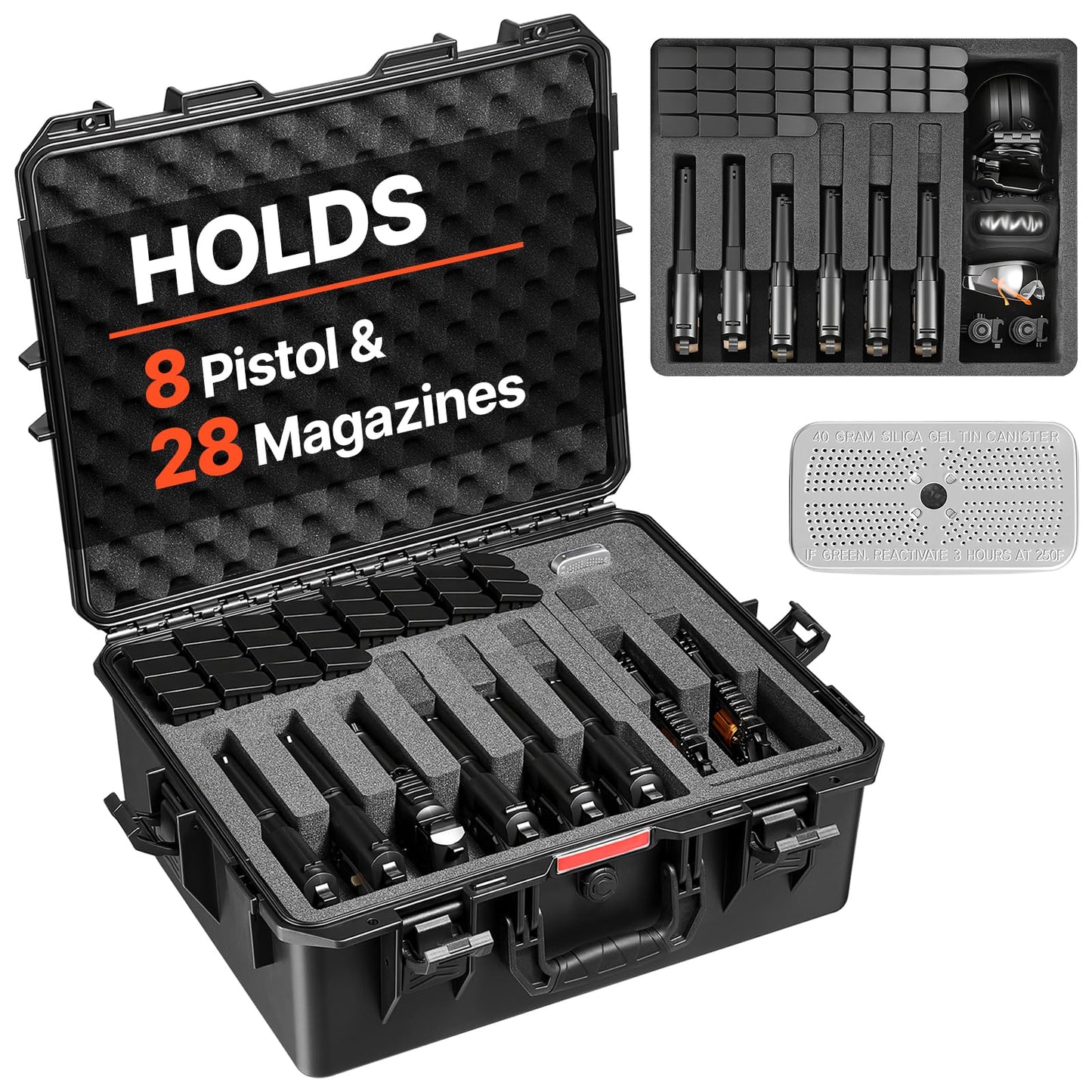 VEVOR Hard Pistol Case, Holds 8 Pistols & 28 Magazine, Hard Gun Case with Pre-Cut XPE Foam Lining, Waterproof Firearm Travel Case with Handle for Gun, Lenses, Camera, Gear, TSA Compliant