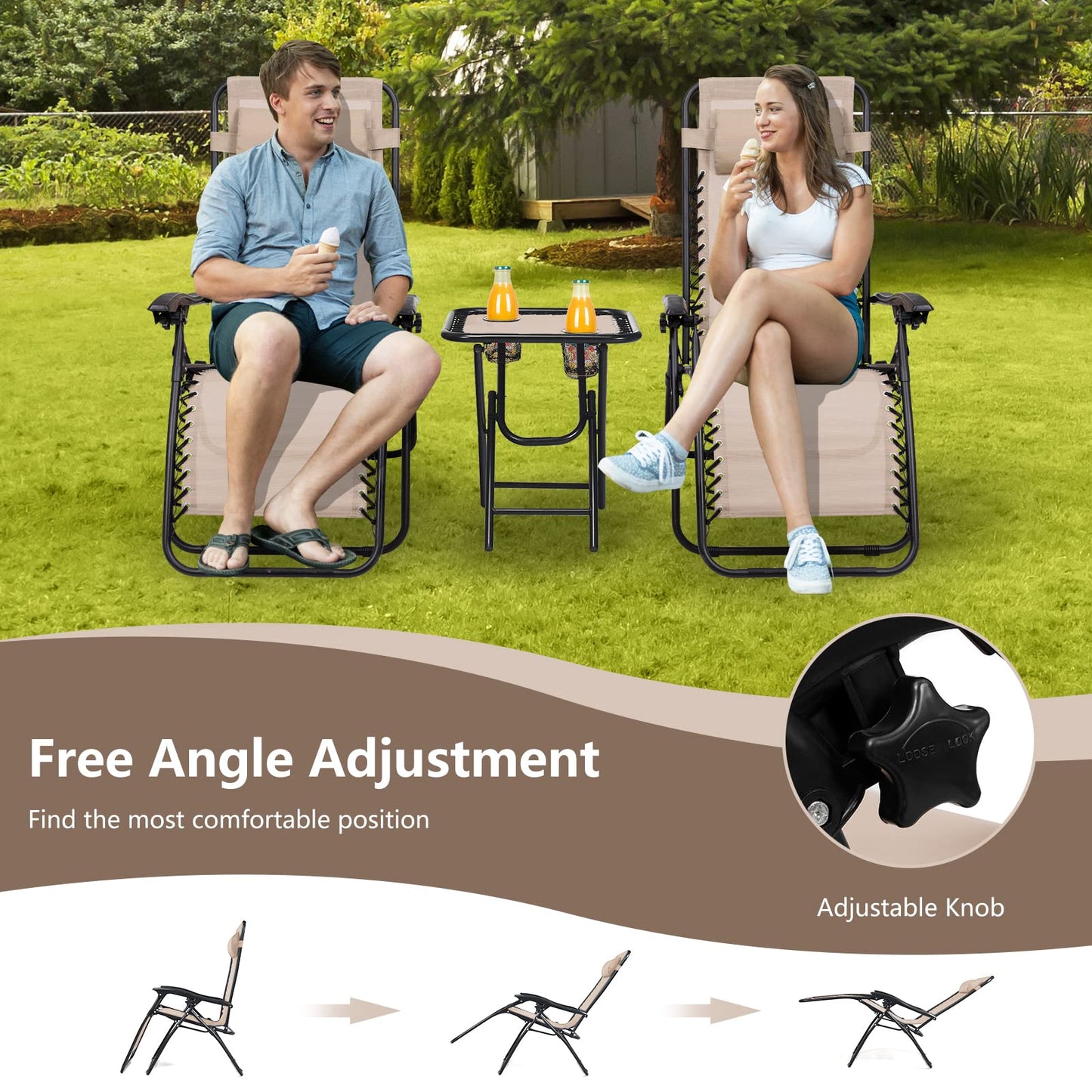 HAPPYGRILL Zero Gravity Lounge Chairs Set with Coffee Table, Folding Reclining Chairs with Side Table and Pillow, 3 Pieces Adjustable Patio Lawn Recliner Set for Outdoor Garden Camp Travel