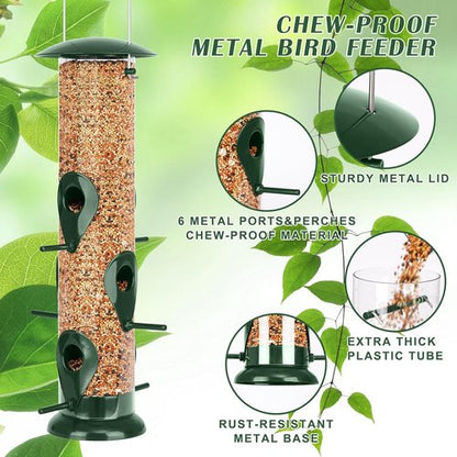 FEED GARDEN Metal Bird Feeder - 6-Port Squirrel-Proof Tube Feeder, Weather Resistant, 13 Inch