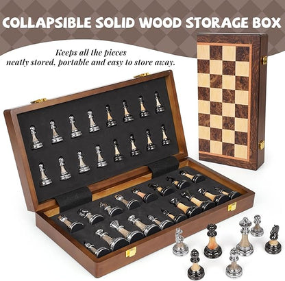Luxury Large Chess Set 17 Inch Wooden Chess Board with Metal and Acrylic Chess Pieces 3.5 King 2 Extra Queens Foldable Tournament Chess Set for Adults and Kids Gift Display Chess Game Collection