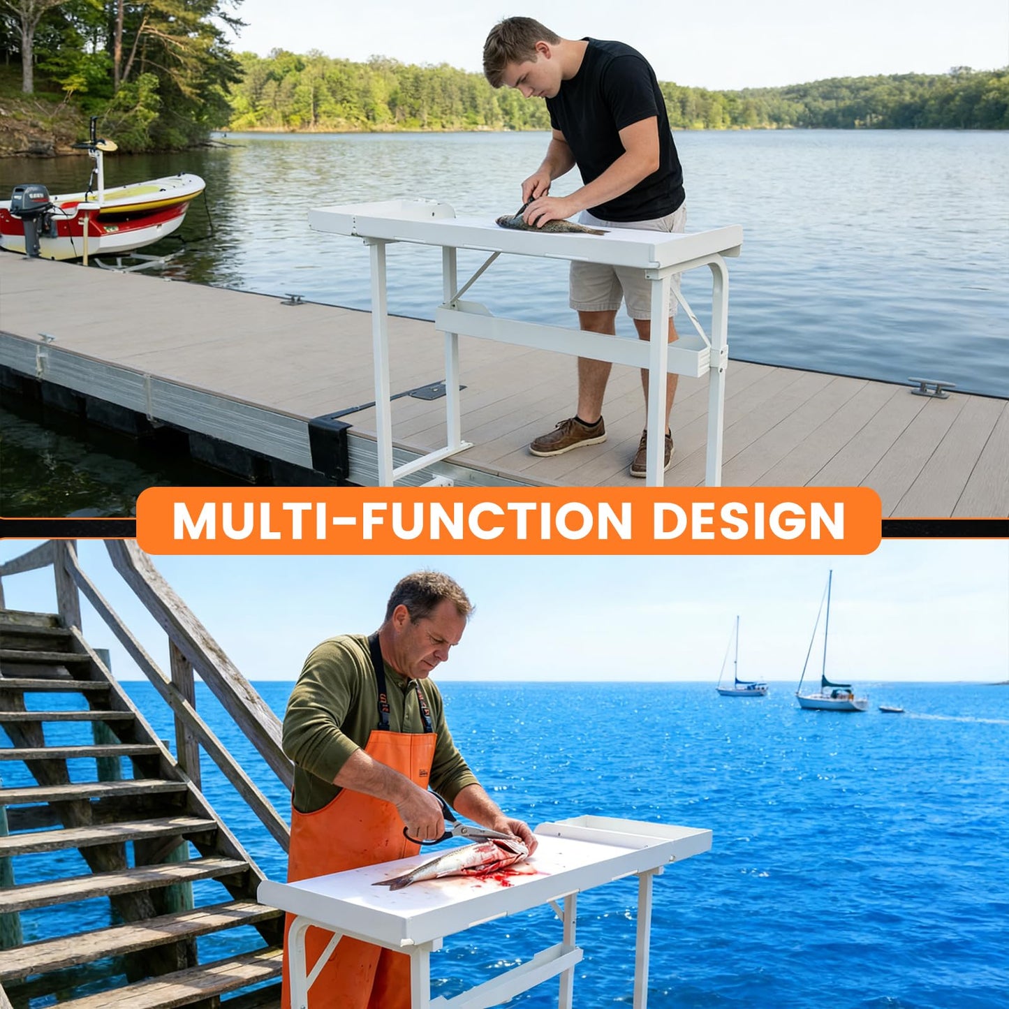 YeeJinHong Heavy-Duty Dock-Mounted Fish Fillet Table, Fish Cleaning Table with HDPE Cutting Board, Measure Mark, Storage Box, Knife Grooves
